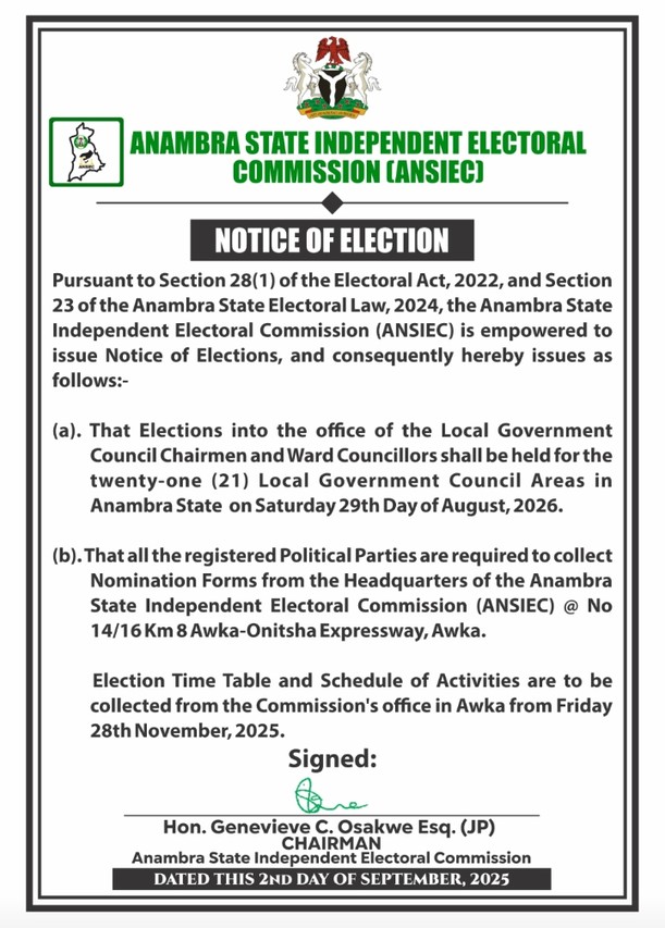 2026 Anambra Local Govt Elections to Hold August 29 — ANSIEC