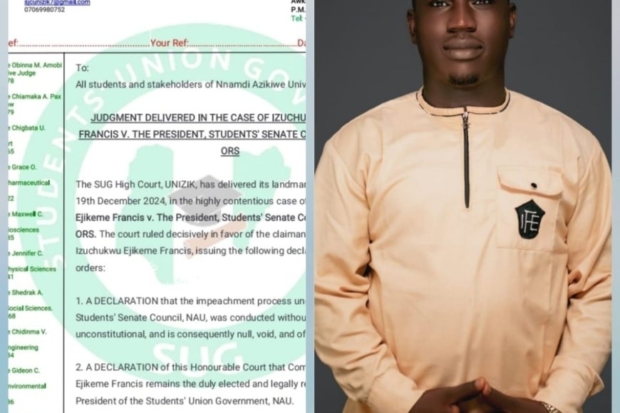 Court Reinstates Izuchukwu Ejikeme as UNIZIK 30th SUG President