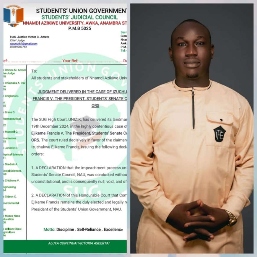 BREAKING: Court Reinstates Izuchukwu Ejikeme as UNIZIK 30th SUG President